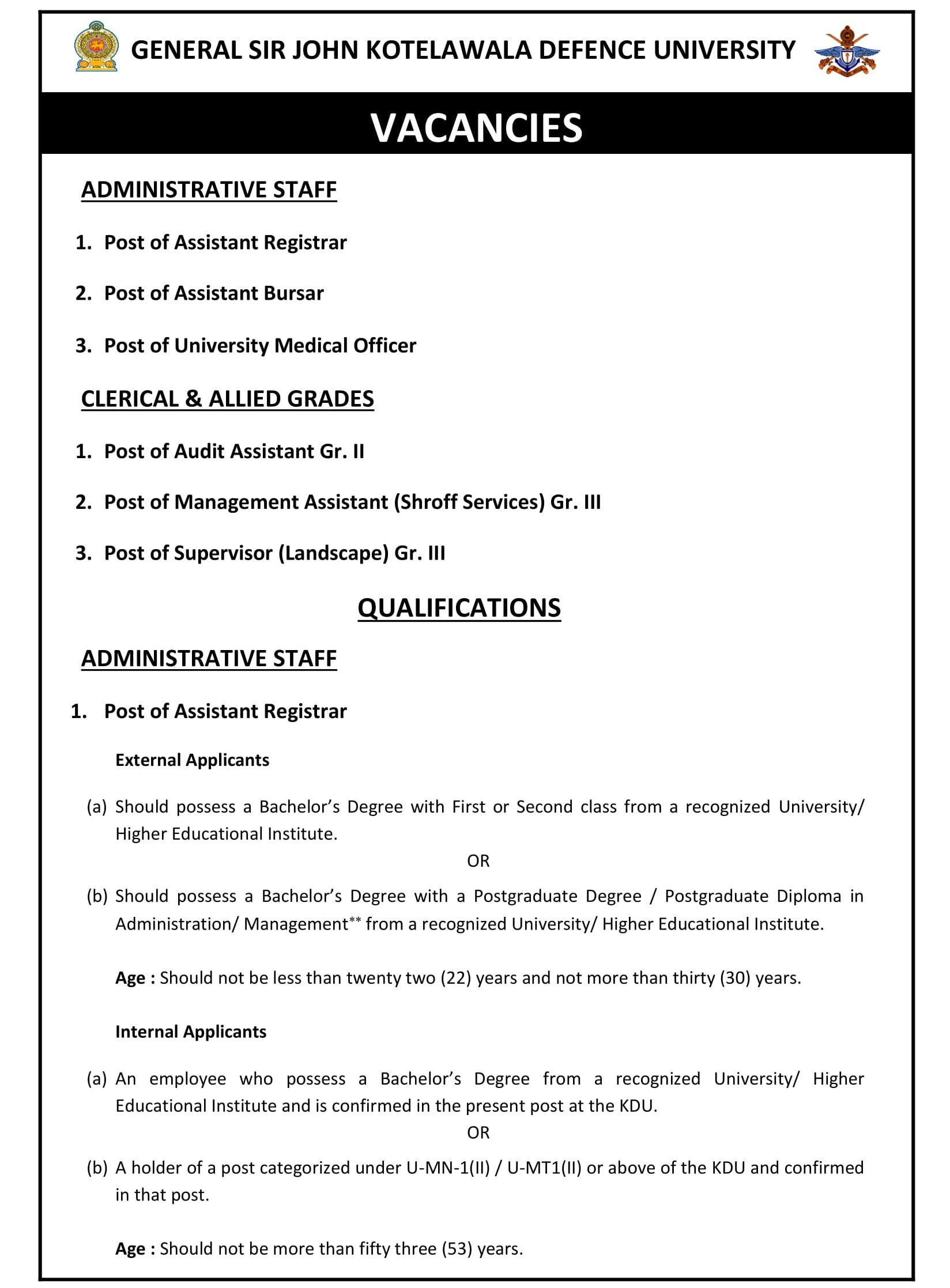 Management Assistant (Shroff), Audit Assistant, Supervisor (Landscape), Assistant Registrar, Assistant Bursar, University Medical Officer - General Sir John Kotelawala Defence University