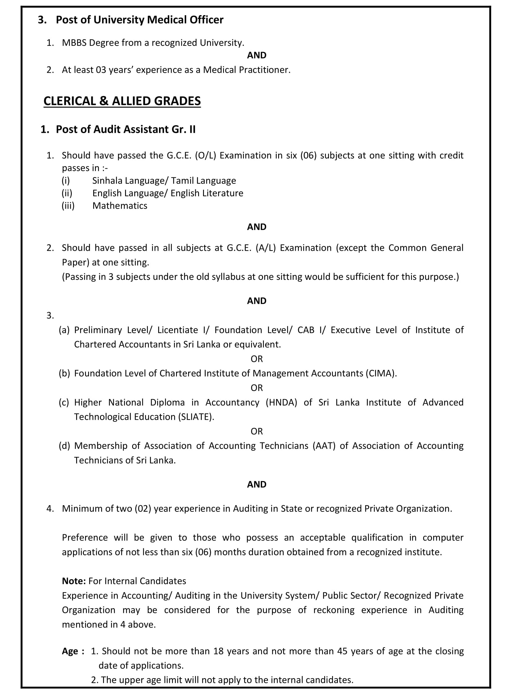 Management Assistant (Shroff), Audit Assistant, Supervisor (Landscape), Assistant Registrar, Assistant Bursar, University Medical Officer - General Sir John Kotelawala Defence University