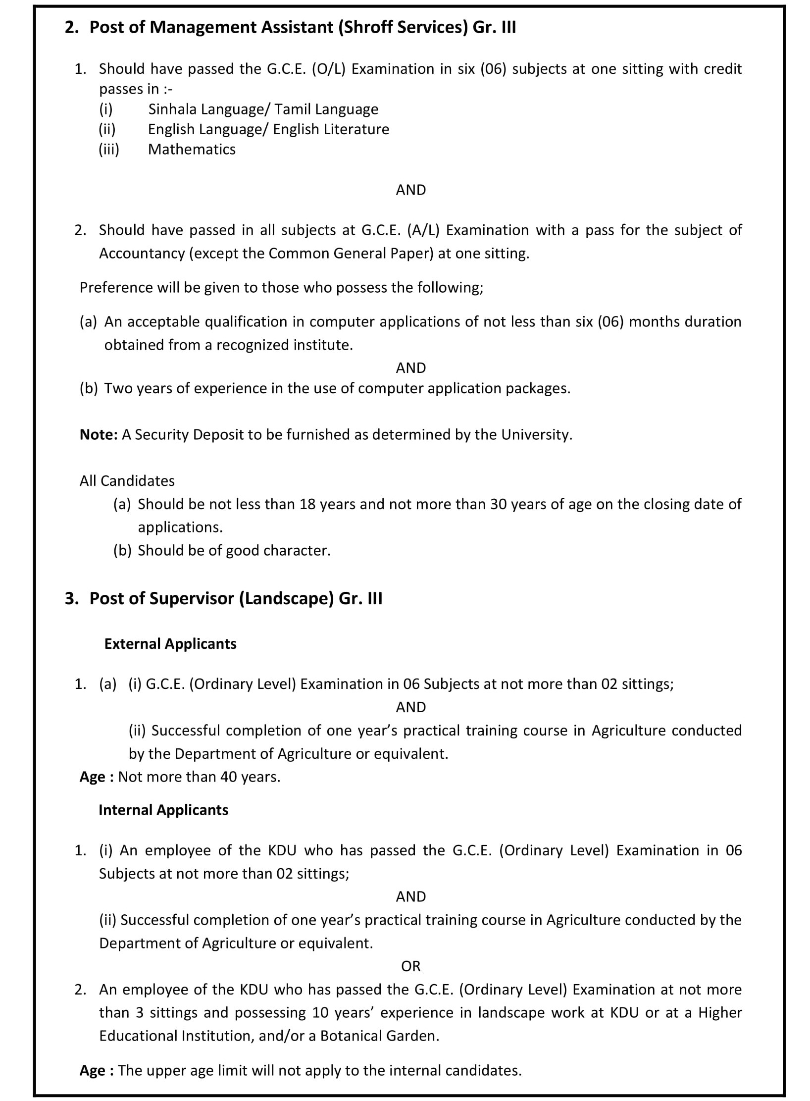 Management Assistant (Shroff), Audit Assistant, Supervisor (Landscape), Assistant Registrar, Assistant Bursar, University Medical Officer - General Sir John Kotelawala Defence University