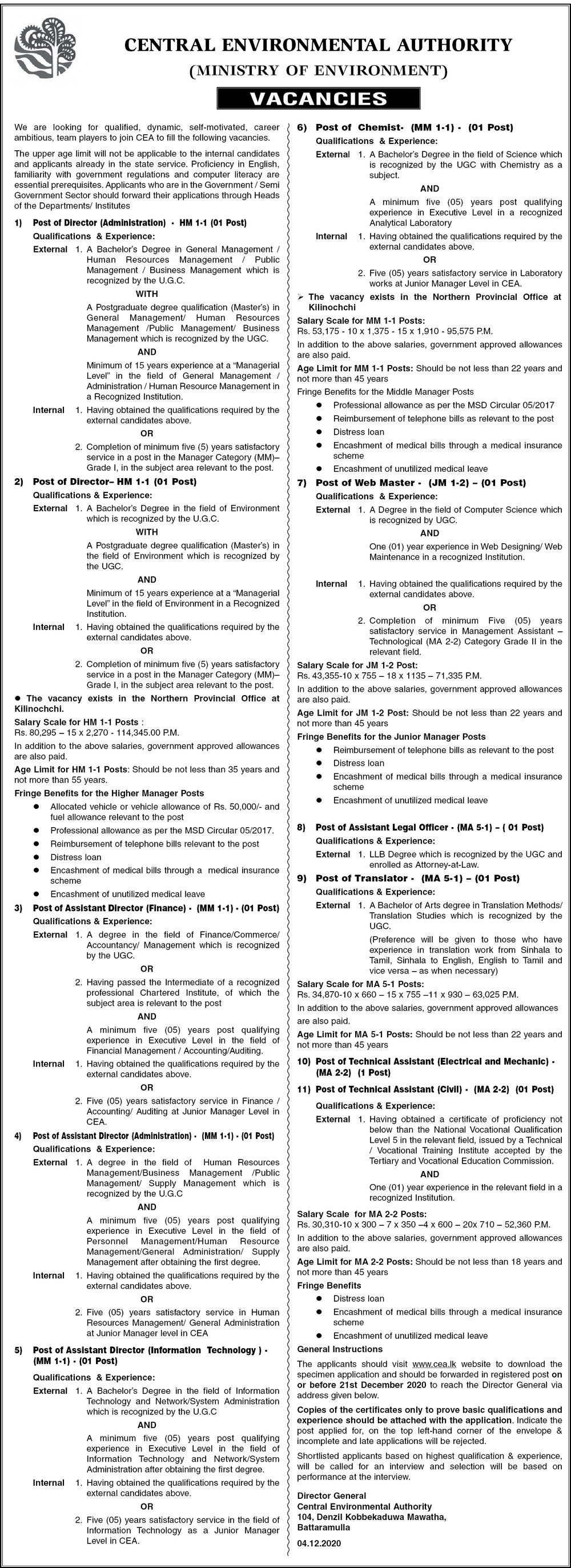 Director, Assistant Director, Chemist, Web Master, Assistant Legal Officer, Translator, Technical Assistant (Electrical & Mechanic, Civil) - Central Environmental Authority