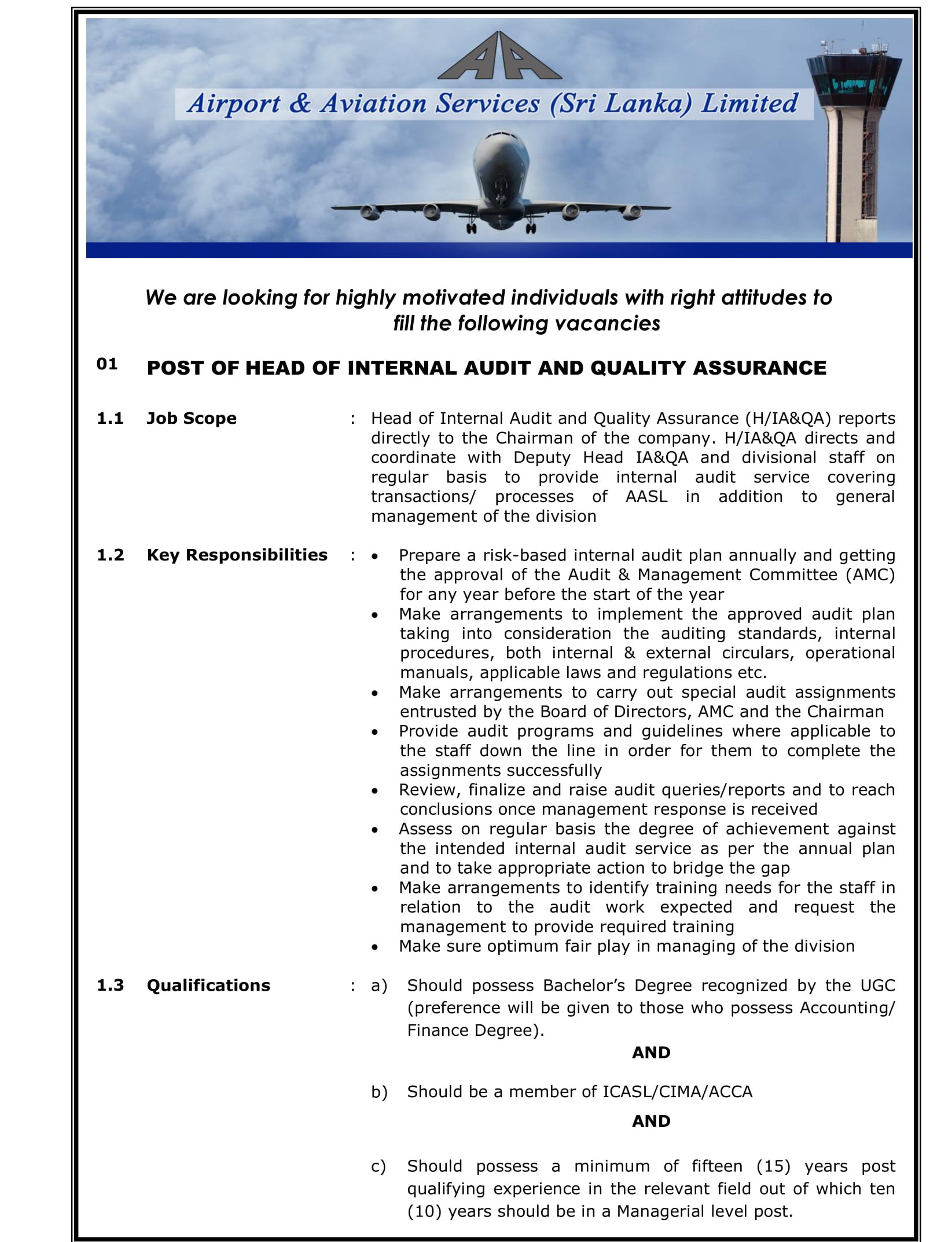 Head of Internal Audit & Quality Assurance, Head of Electrical Engineering - Airport & Aviation Service (Sri Lanka) Limited