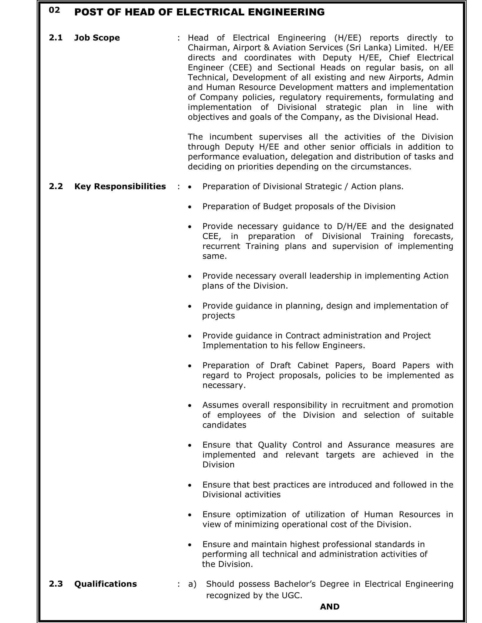 Head of Internal Audit & Quality Assurance, Head of Electrical Engineering - Airport & Aviation Service (Sri Lanka) Limited