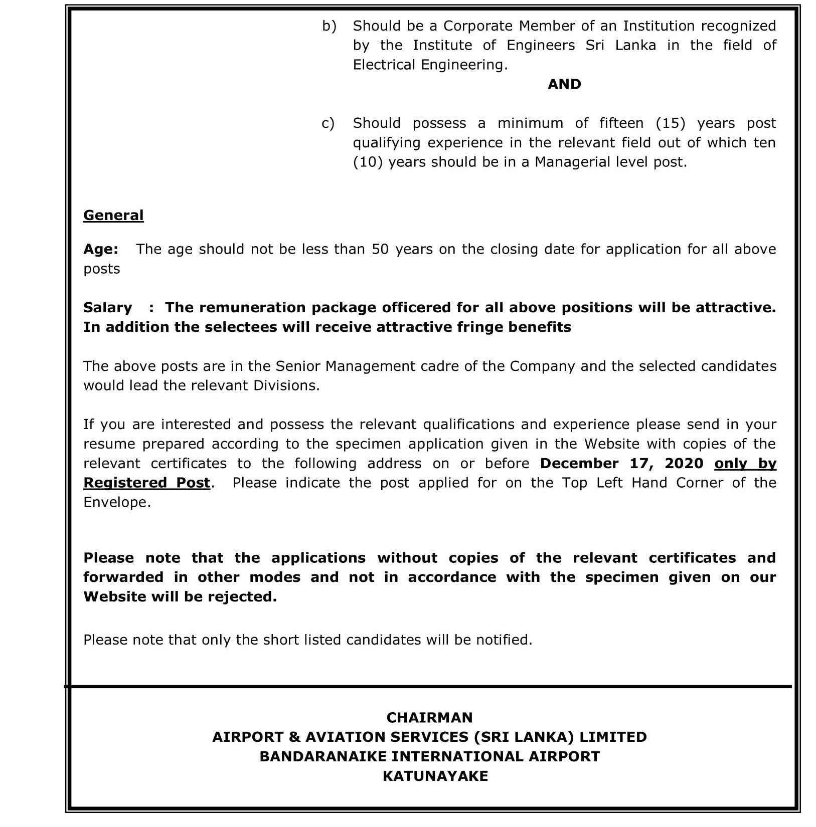 Head of Internal Audit & Quality Assurance, Head of Electrical Engineering - Airport & Aviation Service (Sri Lanka) Limited