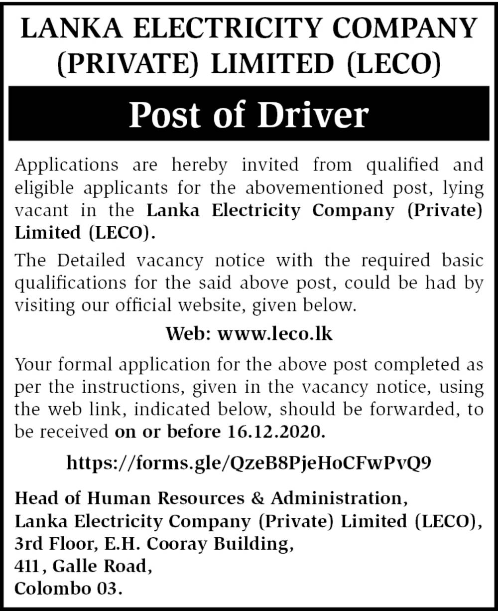 Driver - Lanka Electricity Company (Private) Limited