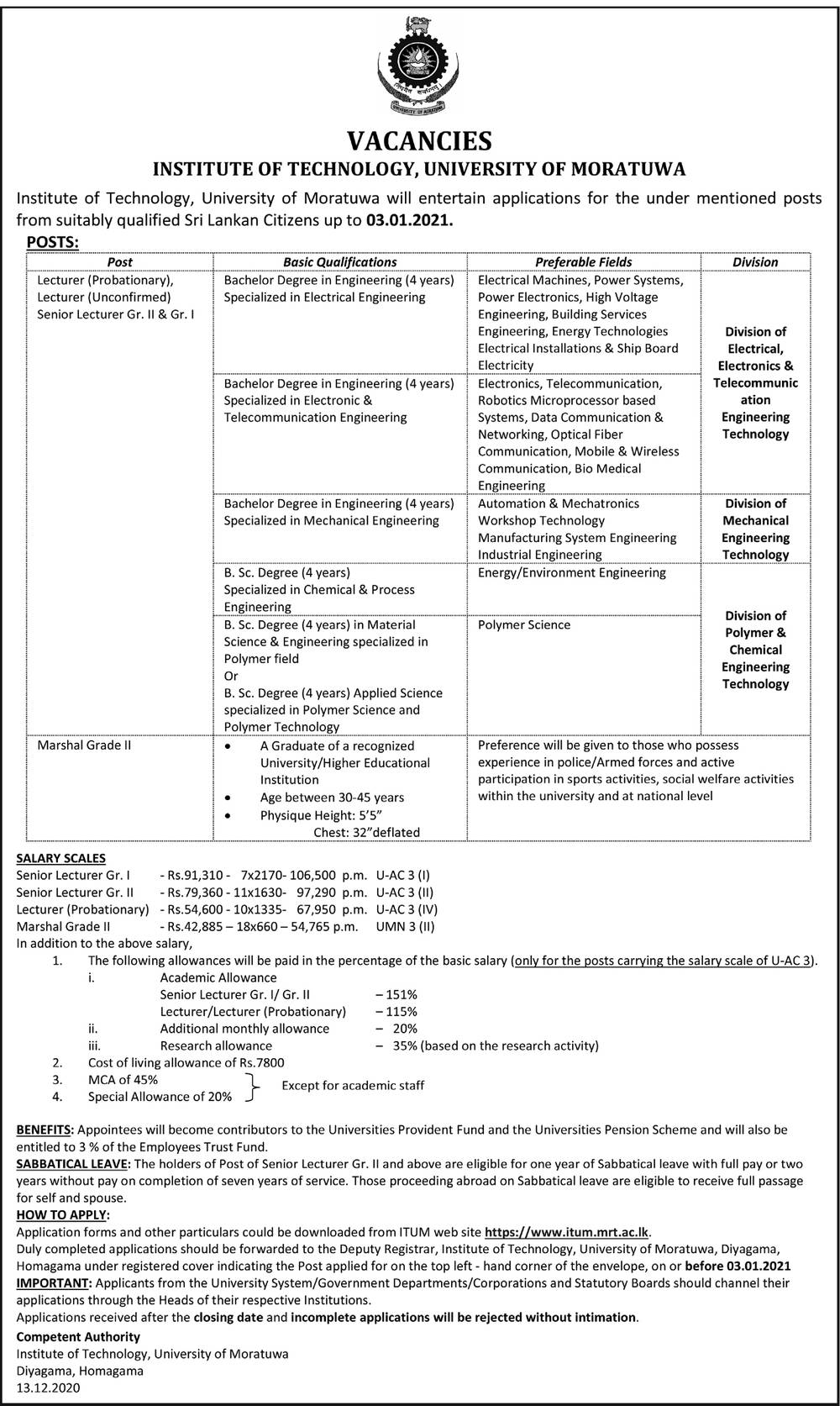 Lecturer, Senior Lecturer, Marshal - Institute of Technology - University of Moratuwa