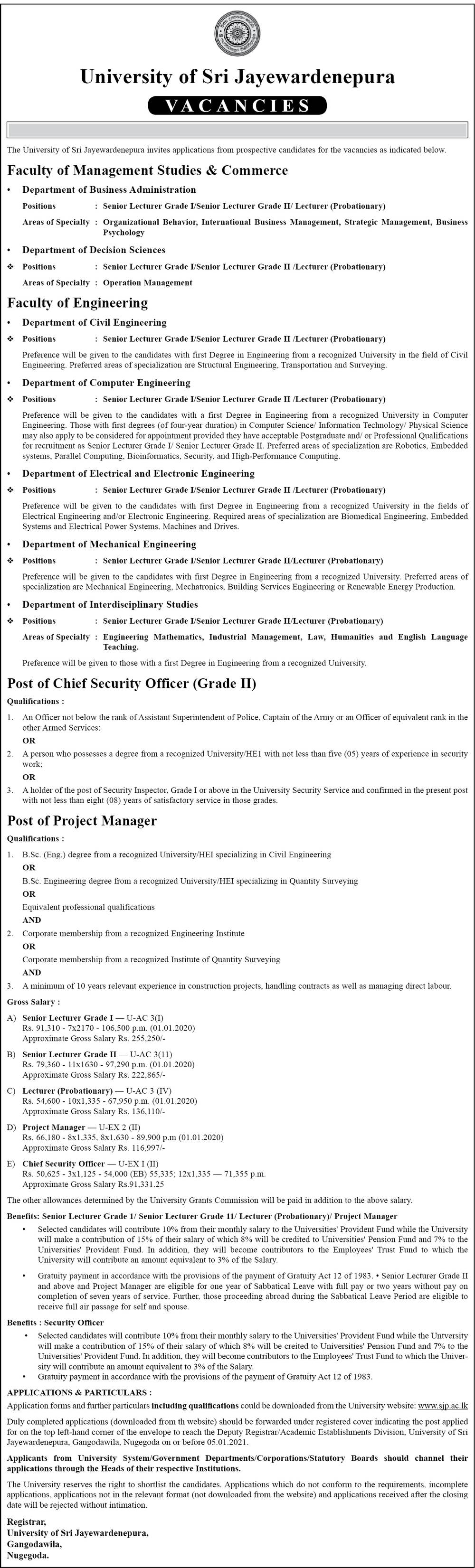 Senior Lecturer, Lecturer, Project Manager, Chief Security Officer - University of Sri Jayewardenepura