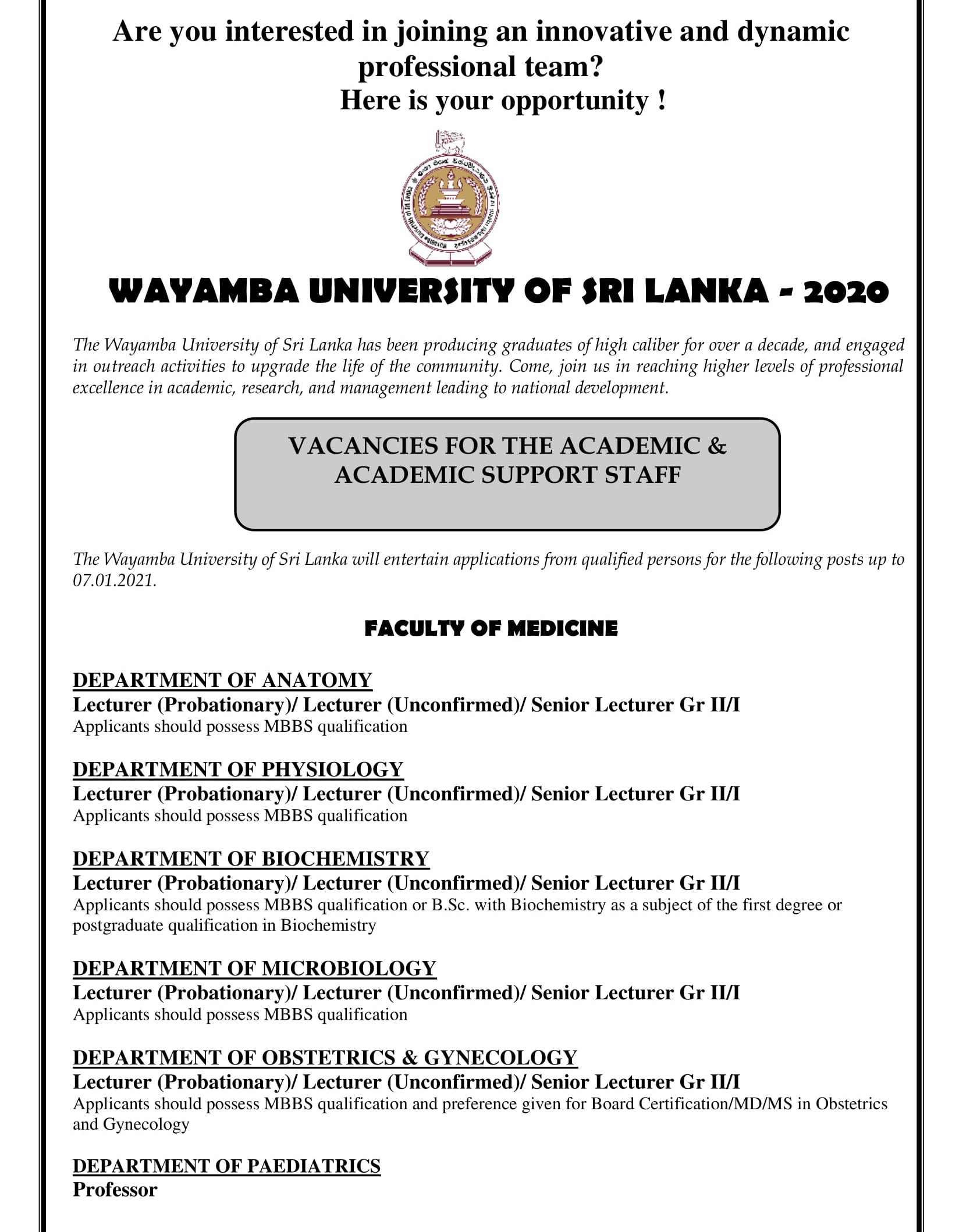 Professor, Senior Professor, Lecturer, /Senior Lecturer, Instructor in Physical Education - Wayamba University