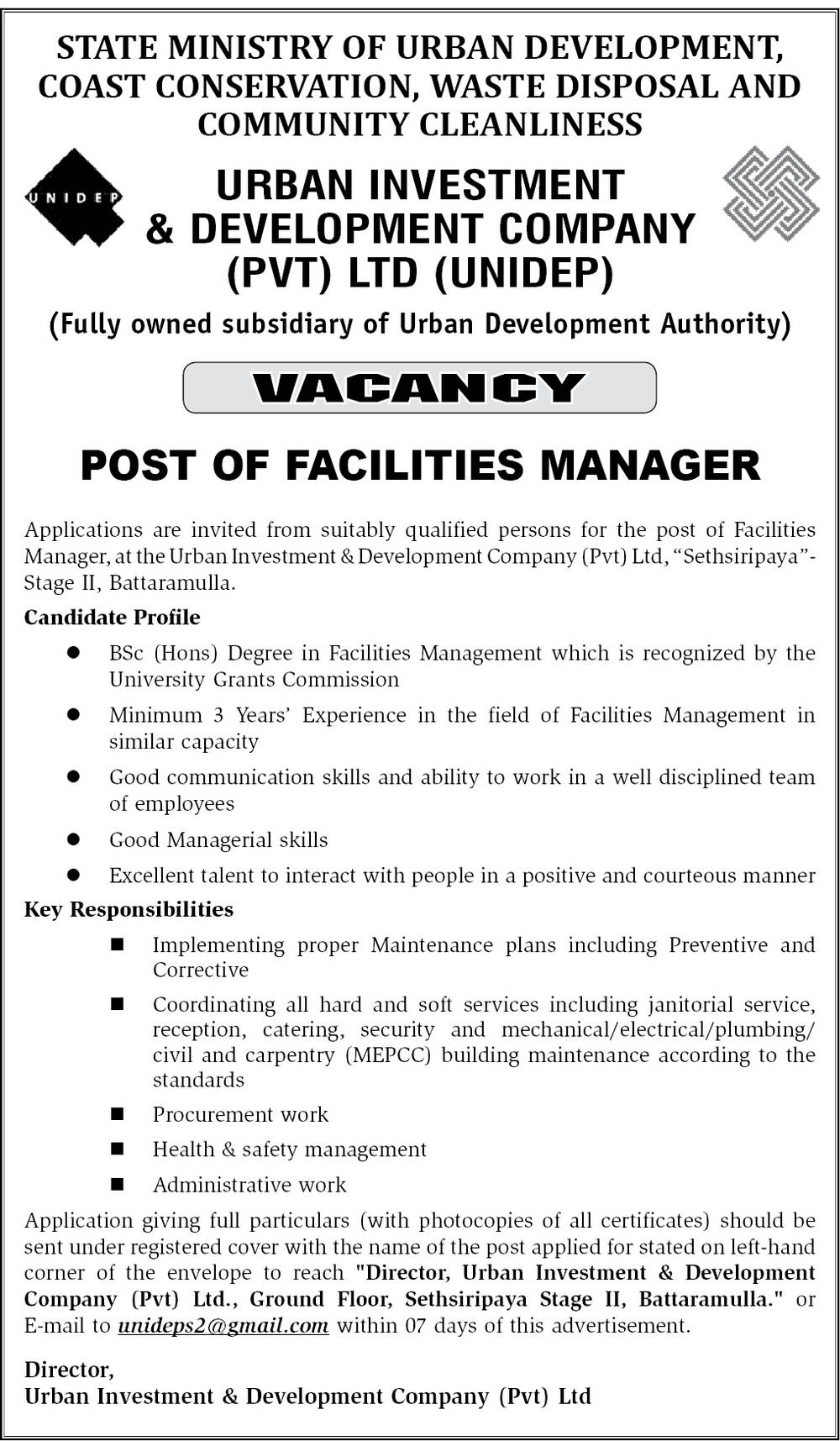 Facilities Manager - Urban Investment & Development Company (Pvt) Ltd