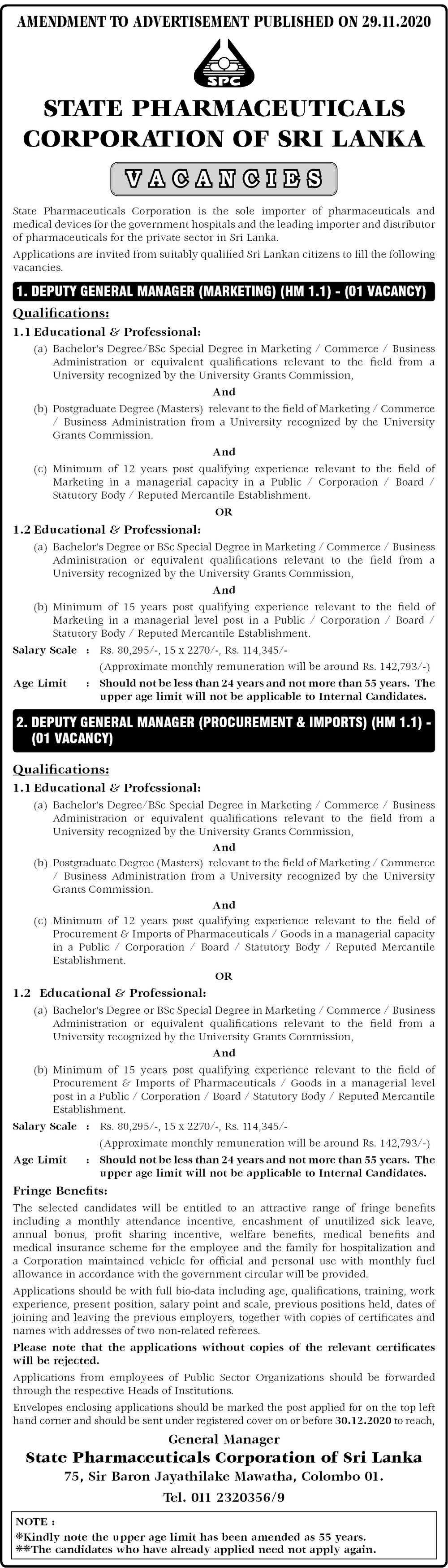 Deputy General Manager (Marketing, Procurement & Imports) - State Pharmaceuticals Corporation