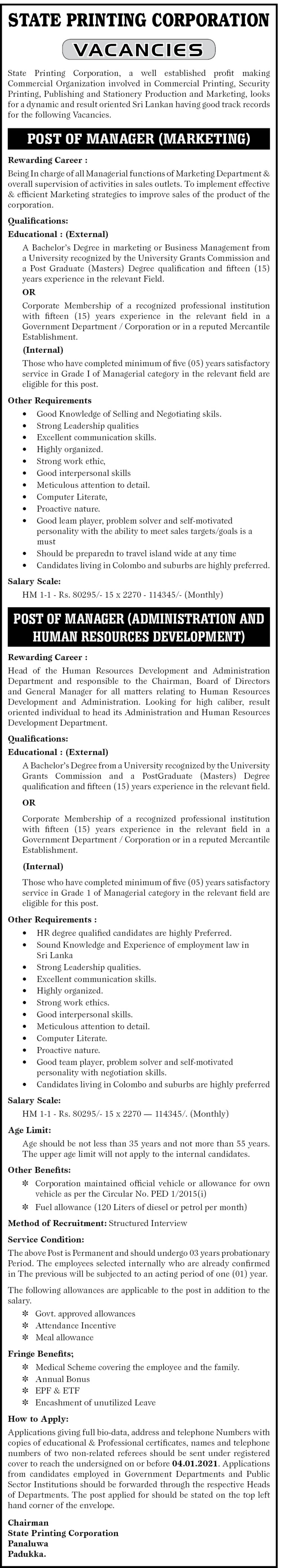 Manager (Marketing, Administration & Human Resources Development) - State Printing Corporation