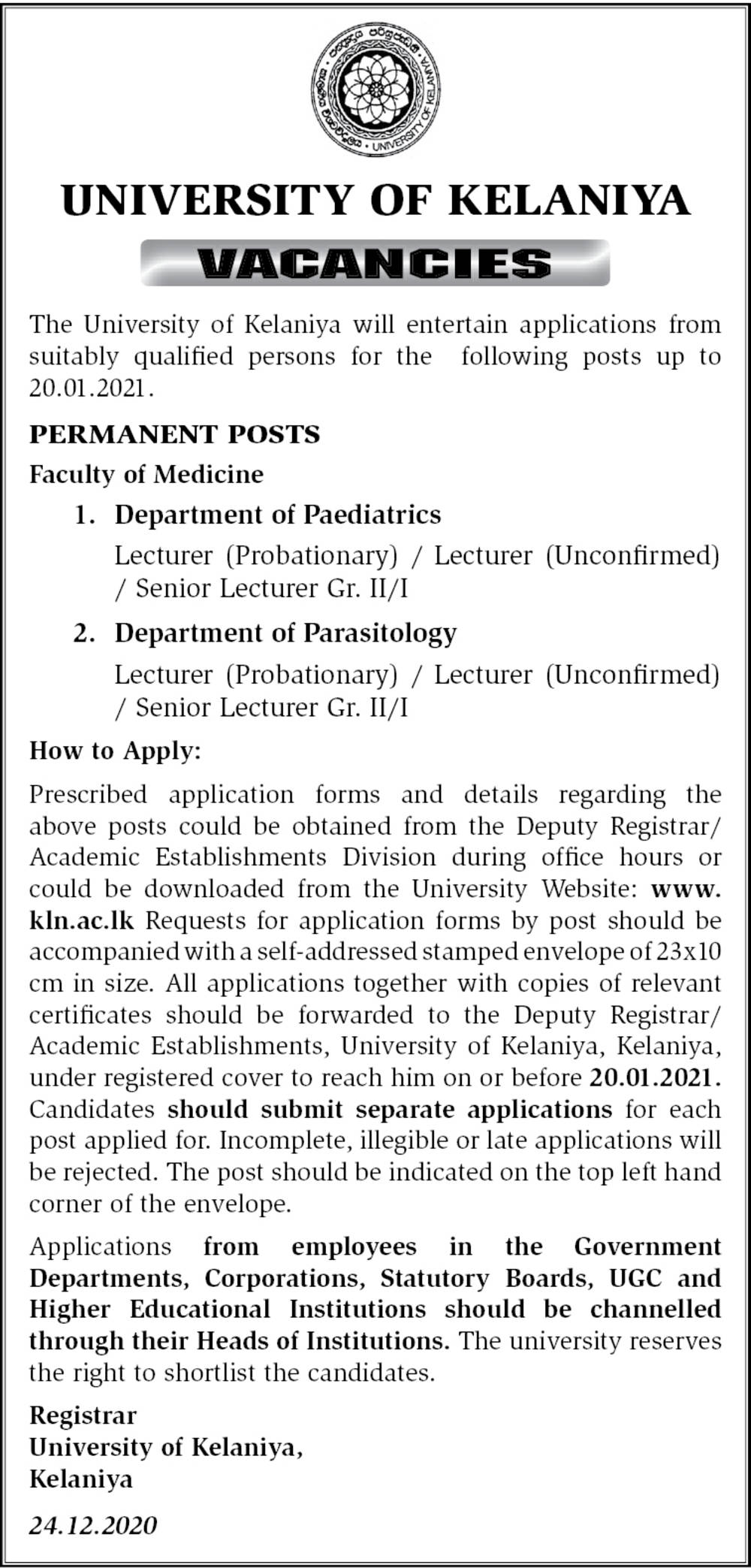 Lecturer, Senior Lecturer - University of Kelaniya