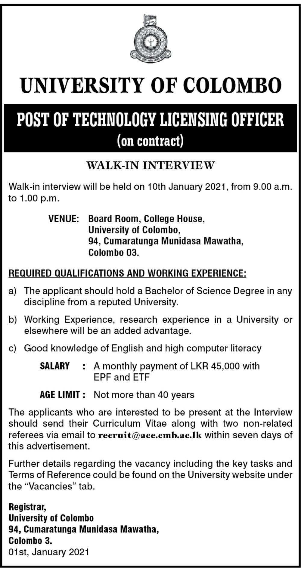 Technology Licensing Officer - University of Colombo