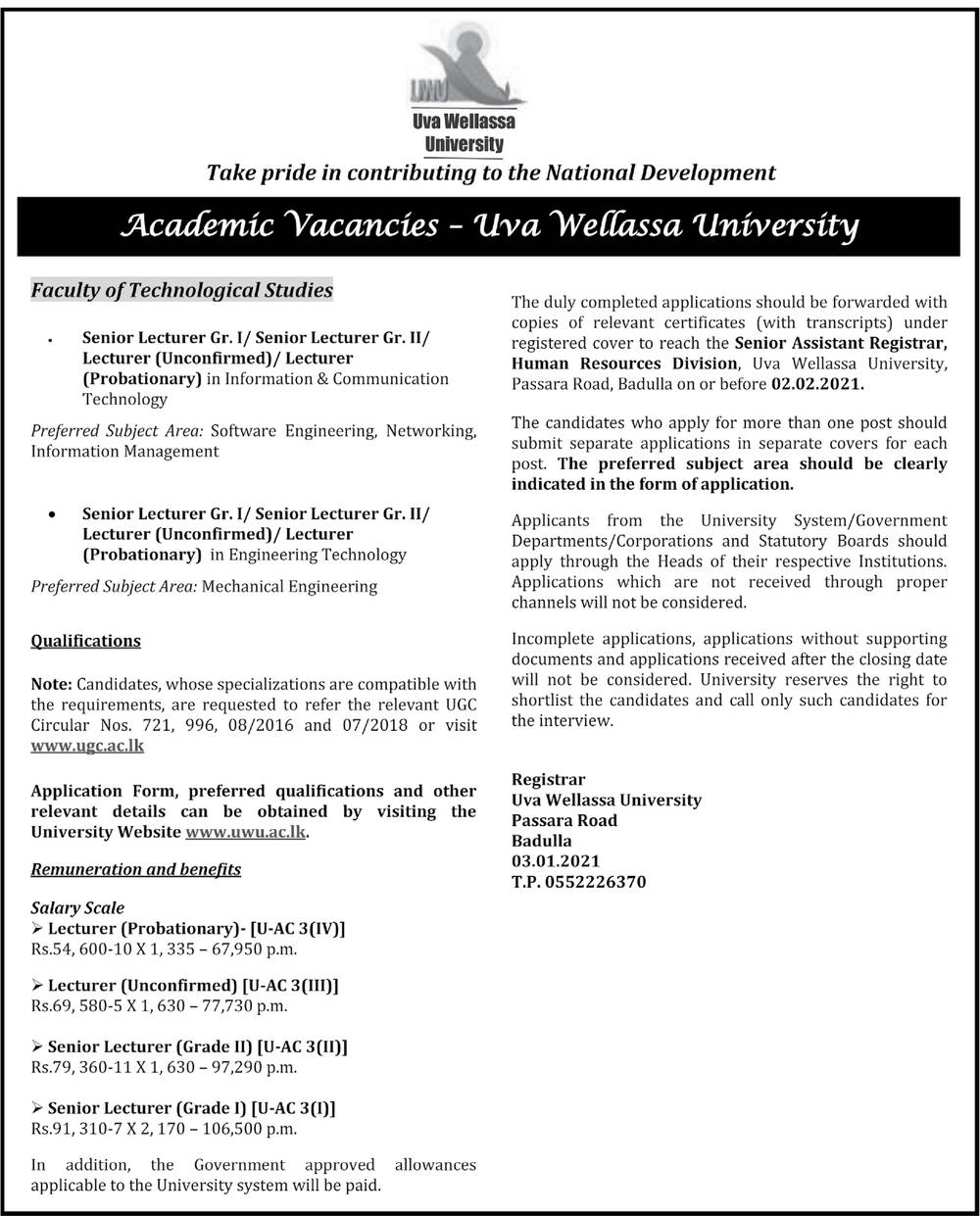 Senior Lecturer, Lecturer - Uva Wellassa University