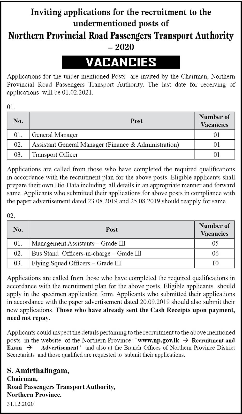 Management Assistant, Bus Stand Officer-in-charge, Flying Squad Officer, Transport Officer, Assistant General Manager, General Manager - Northern Provincial Road Passengers Transport Authority