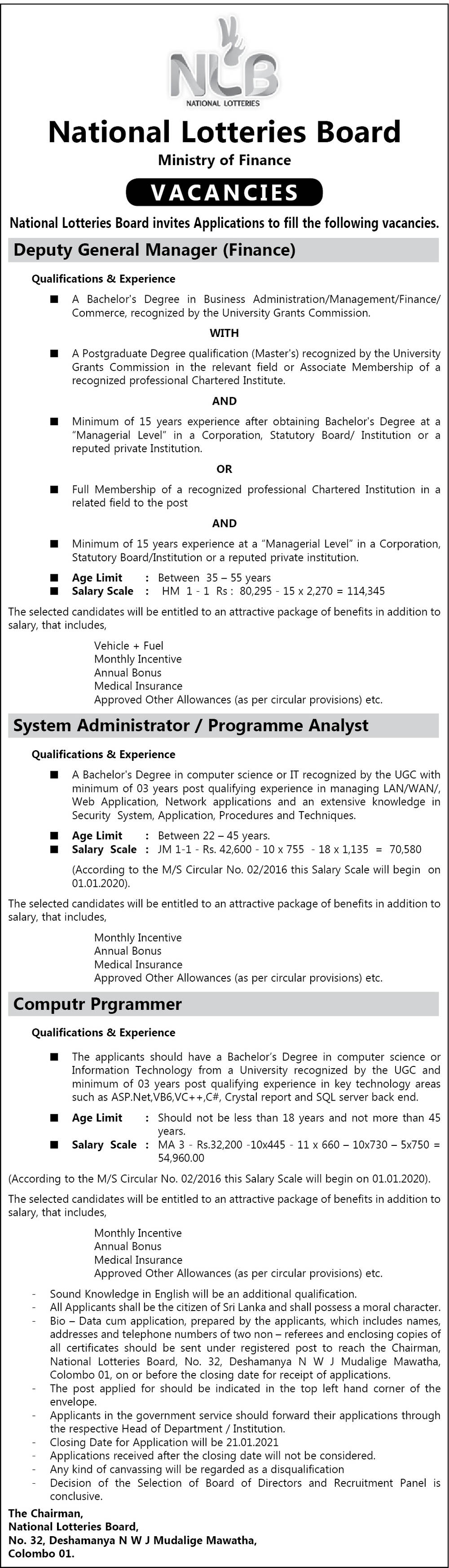 Computer Programmer, System Administrator/Programme Analyst, Deputy General Manager (Finance) - National Lotteries Board