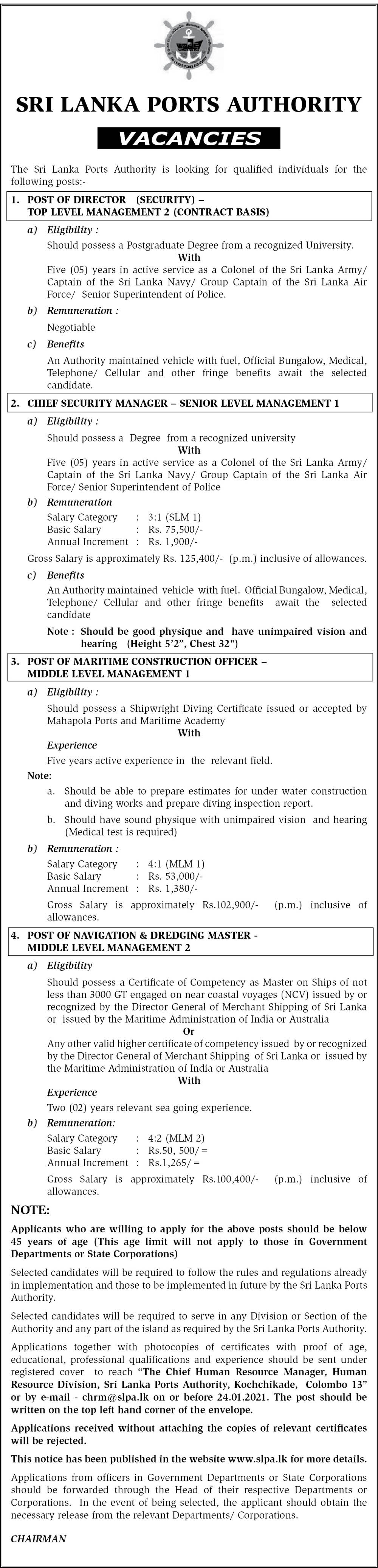 Navigation & Dredging Master, Maritime Construction Officer, Chief Security Manager, Director - Sri Lanka Ports Authority