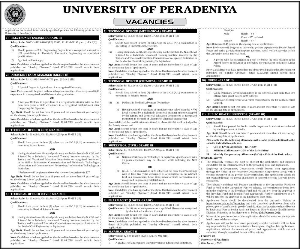 Electronics Engineer, Assistant Farm Manager, Technical Officer (ICT, Civil, Mechanical, Chemical), Supervisor (Civil), Pharmacist, Marshal, Nurse, Public Health Inspector - University of Peradeniya