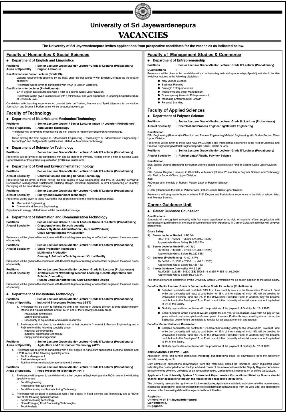 Senior Lecturer, Lecturer, Career Guidance Counsellor - University of Sri Jayewardenepura