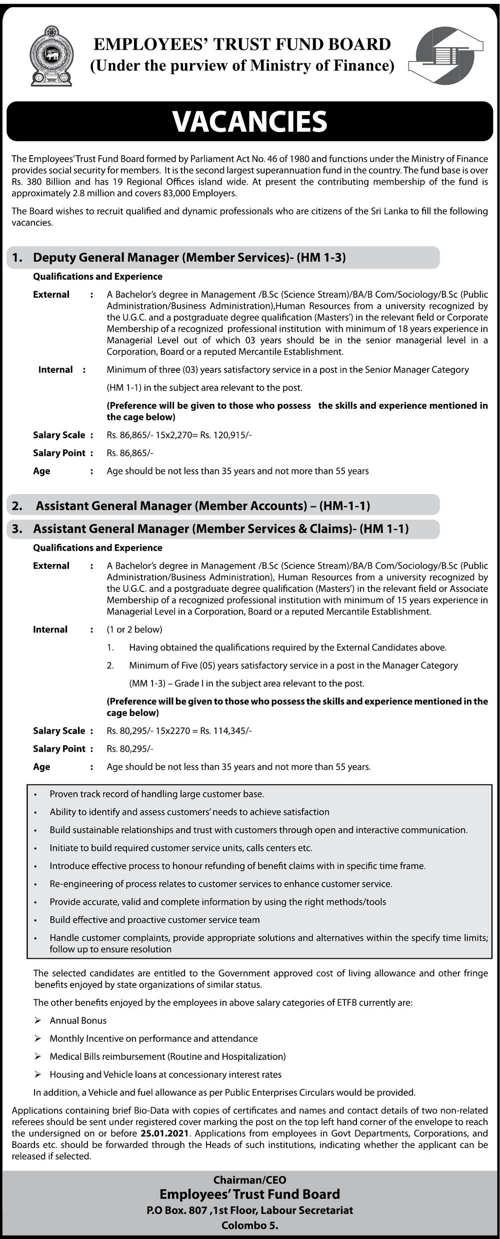 Deputy General Manager, Assistant General Manager (Member Accounts, Member Services & Claims) - Employeesâ€™ Trust Fund Board