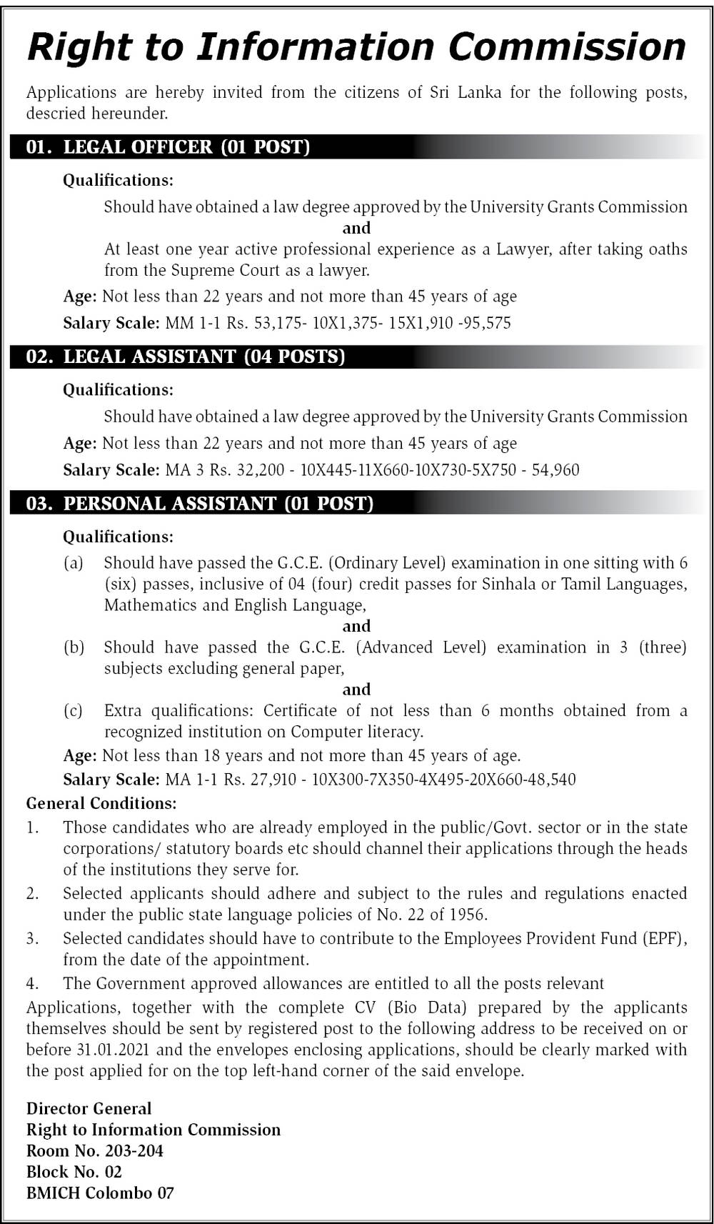 Legal Officer, Legal Assistant, Personal Assistant - Right to Information Commission