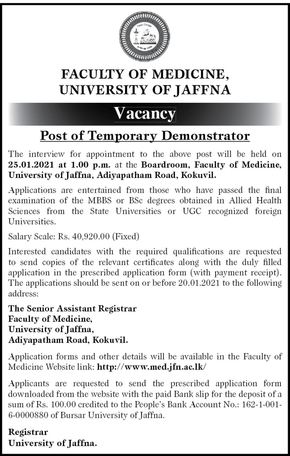 Temporary Demonstrator - University of Jaffna