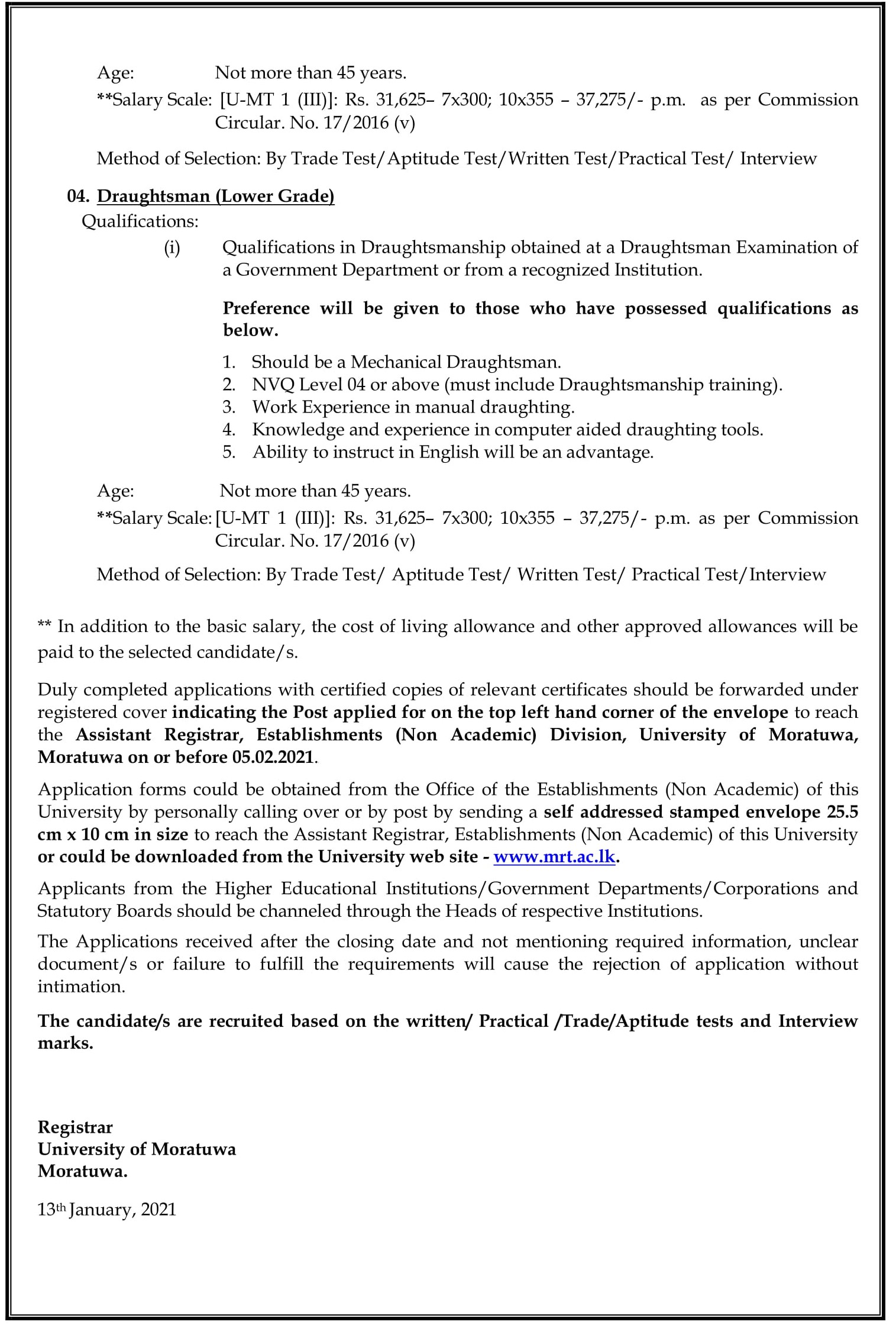 Technical Officer, Nursing Officer, Supervisor (Civil), Draughtsman - University of Moratuwa