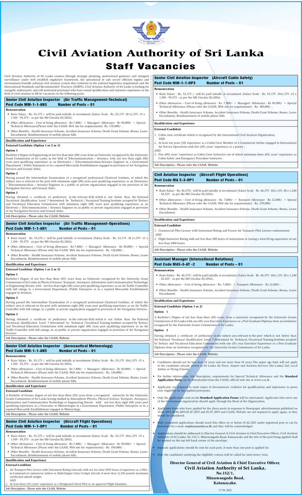 Senior Civil Aviation Inspector, Civil Aviation Inspector, Assistant Manager - Civil Aviation Authority of Sri Lanka