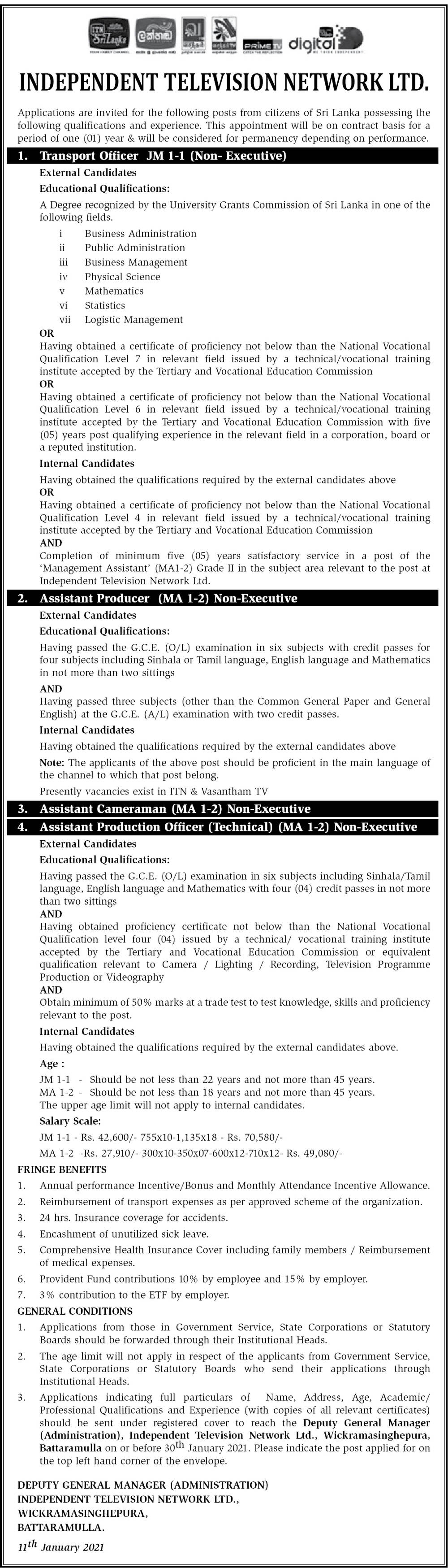 Transport Officer, Assistant Producer, Assistant Cameraman, Assistant Production Officer (Technical) - Independent Television Network Ltd