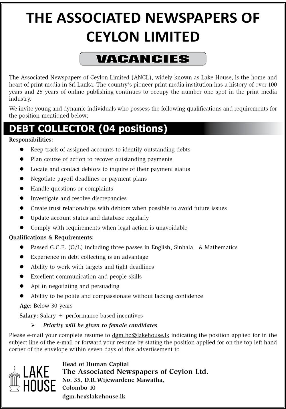 DEBT Collector - The Associated Newspapers of Ceylon Limited