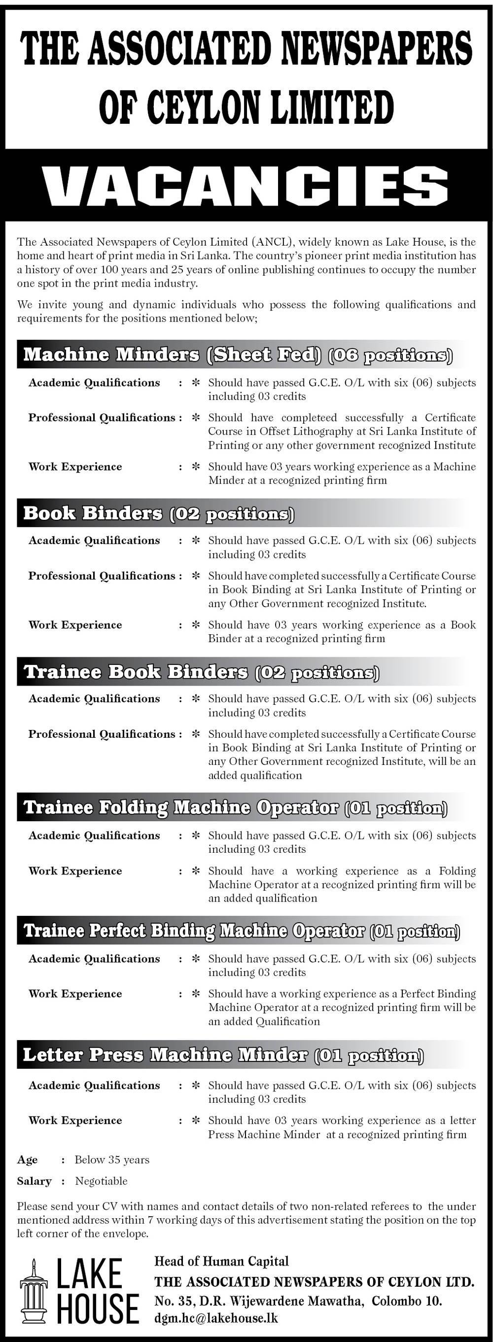 Machine Minder, Book Binder, Trainee Book Binder, Trainee Folding Machine Operator, Trainee Perfect Binding Machine Operator, Letter Press Machine Minder - The Associated Newspapers of Ceylon Limited