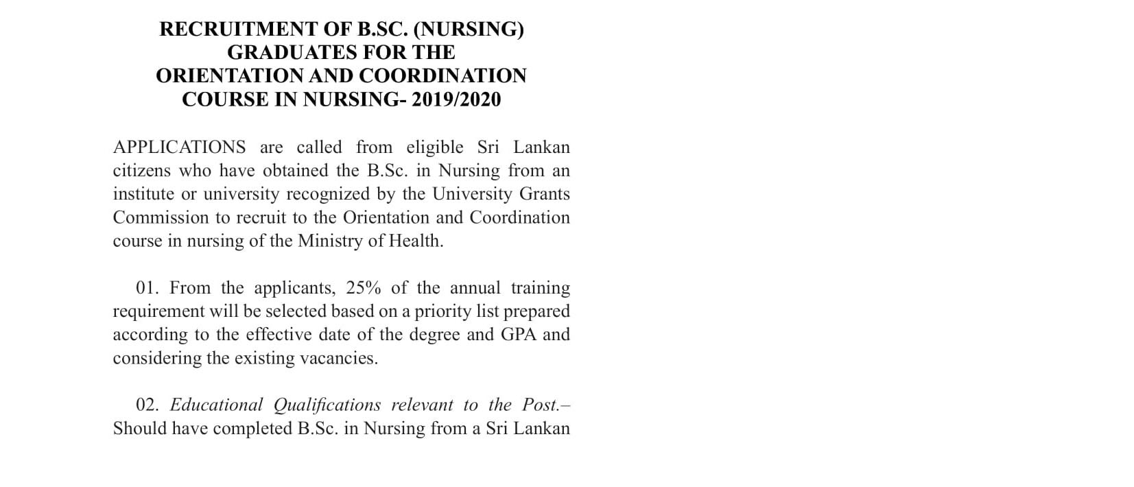 Recruitment of B.Sc. (Nursing) Graduates for the Orientation and Coordination Course in Nursing - 2019/2020