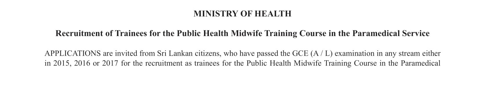 Recruitment of Trainees for the Public Health Midwife Training Course - Ministry of Health