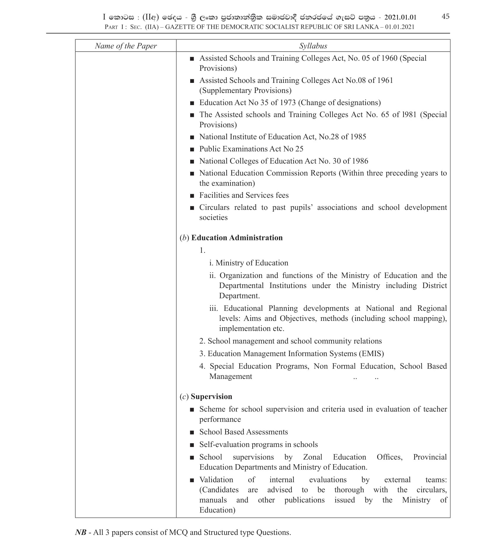 First Efficiency Bar Examination for the Officers of Sri Lanka Education Administrative Service - 2020