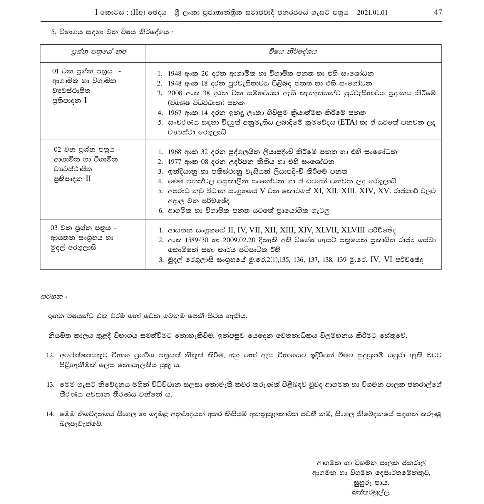 First Efficiency Bar Examination for Authorized Officers Grade II of the Department of Immigration & Emigration -2018(2021)