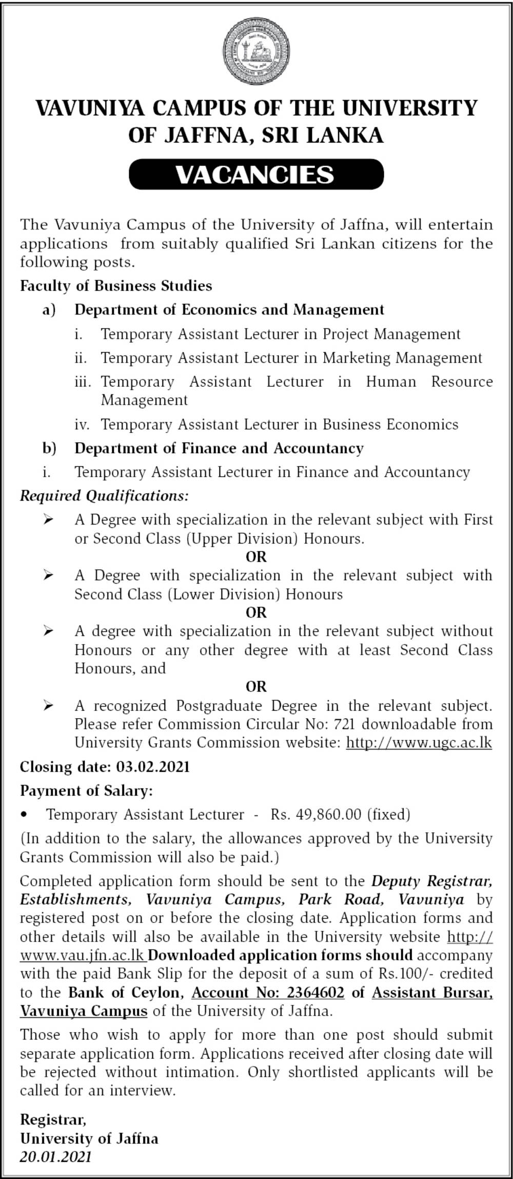 Assistant Lecturer - University of Jaffna 