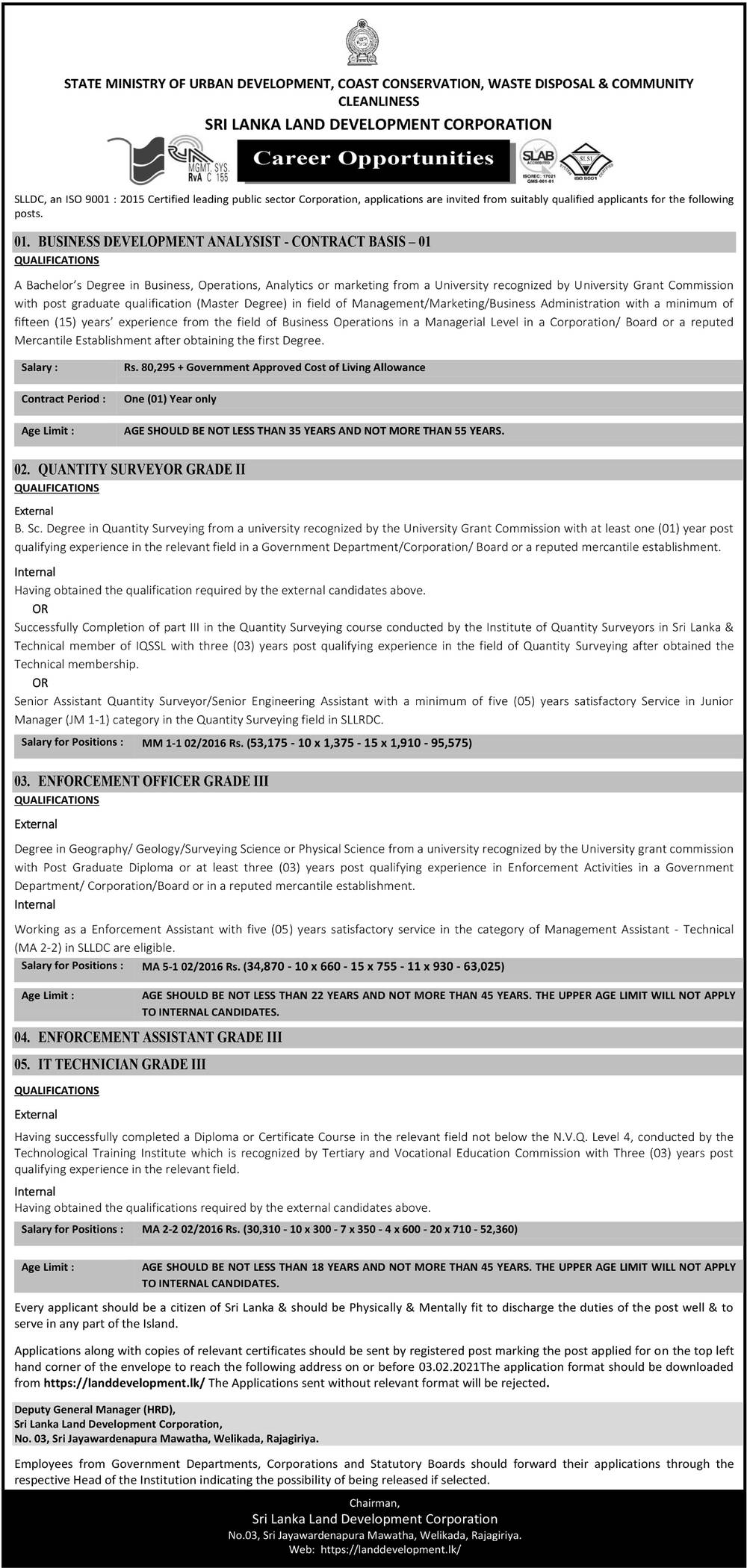 Business Development Analysist, Quantity Surveyor, Enforcement Officer, Enforcement Assistant, IT Technician - Sri Lanka Land Development Corporation