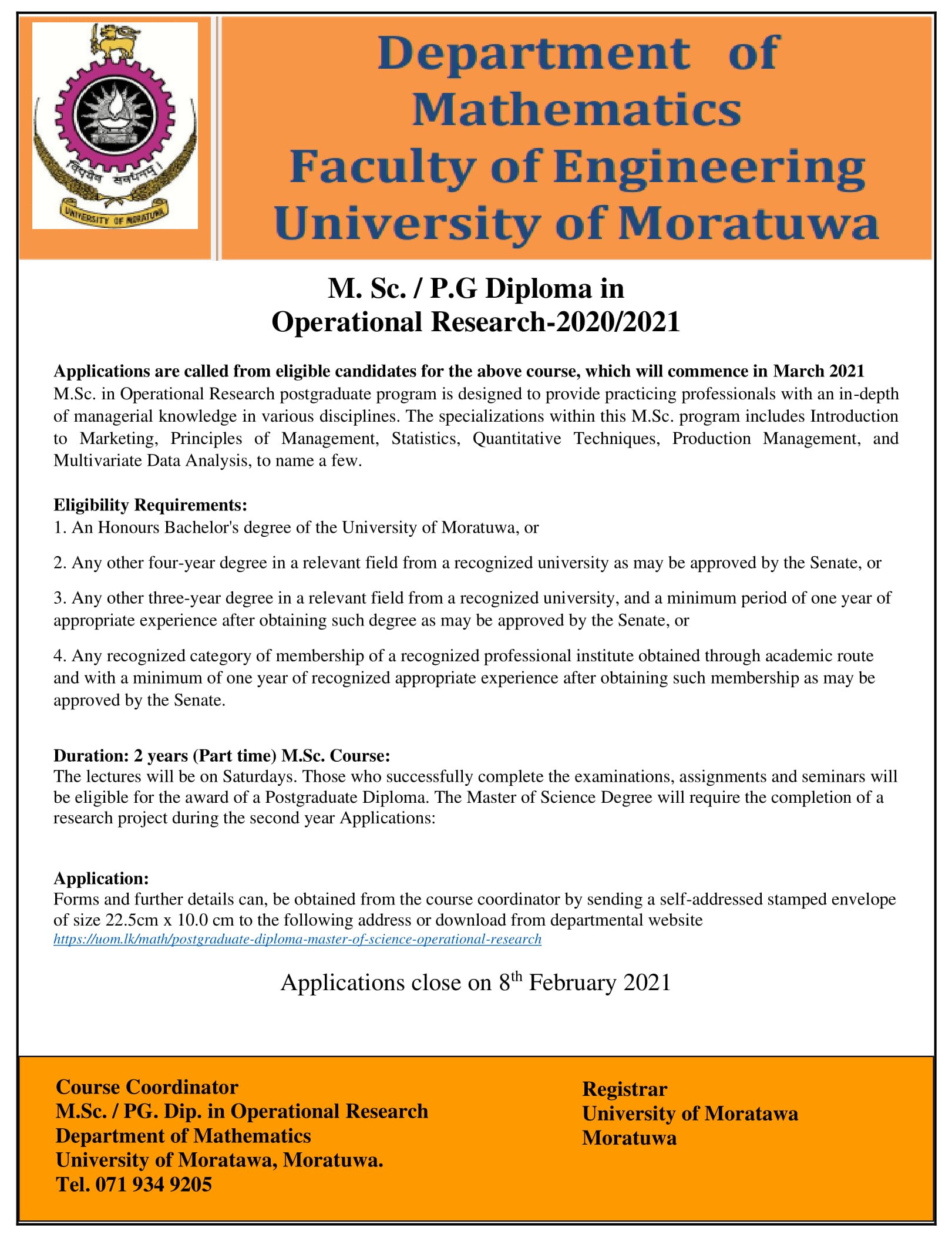 M.Sc./P.G Diploma in Operational Research (2020/2021) - Department of Mathematics - University of Moratuwa