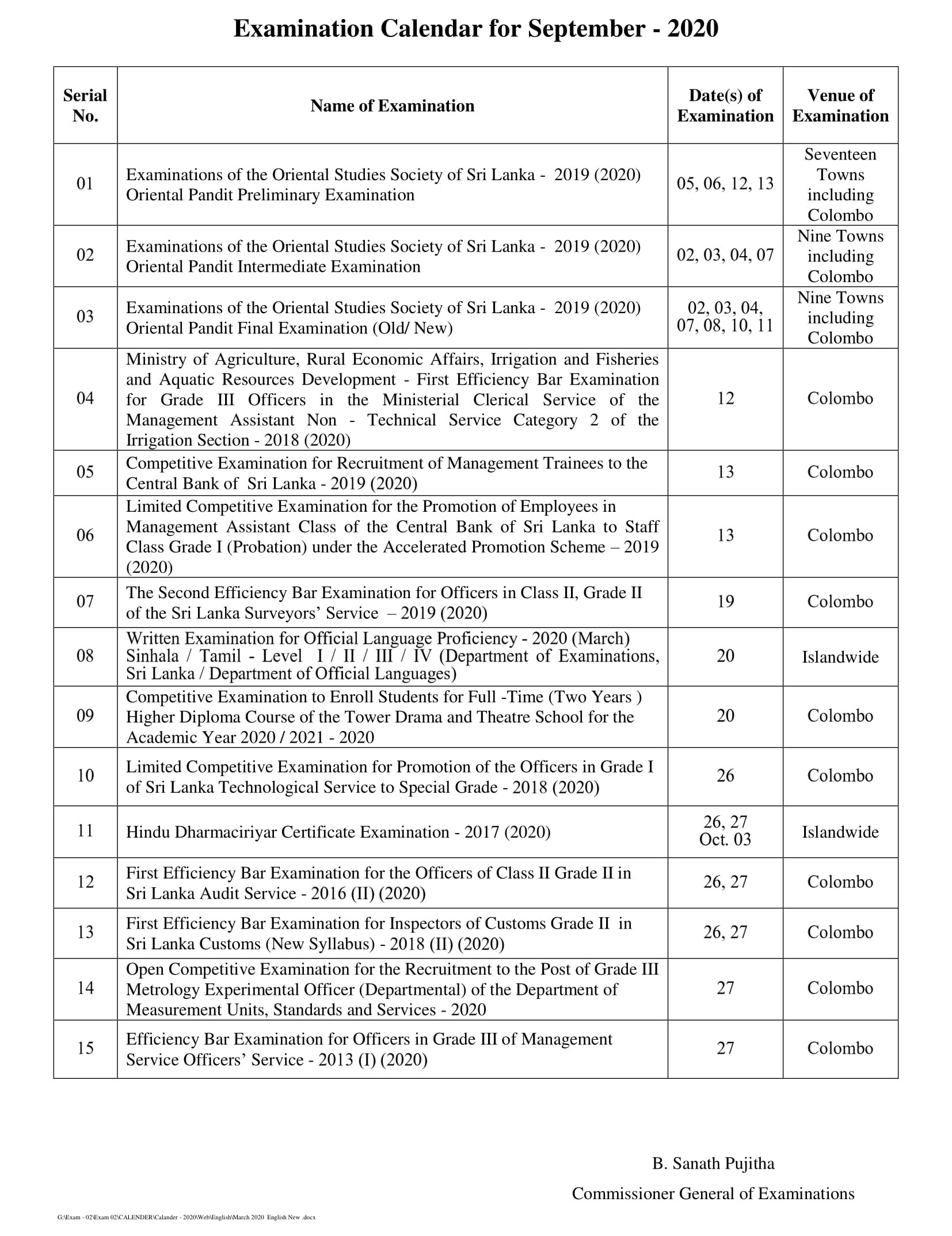 2020 September Exam Calendar - Department of Examination