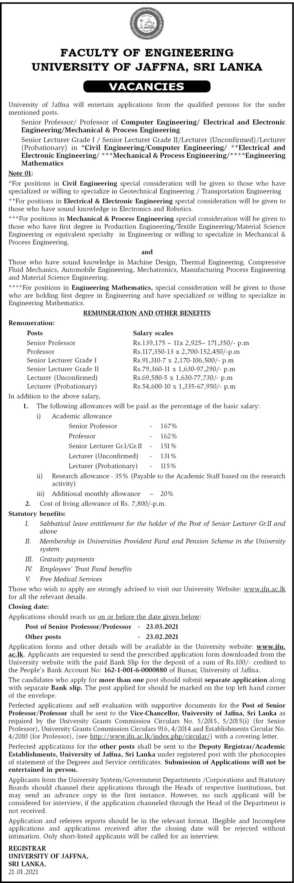 Senior Professor, Professor, Senior Lecturer, Lecturer - Faculty of Engineering - University of Jaffna