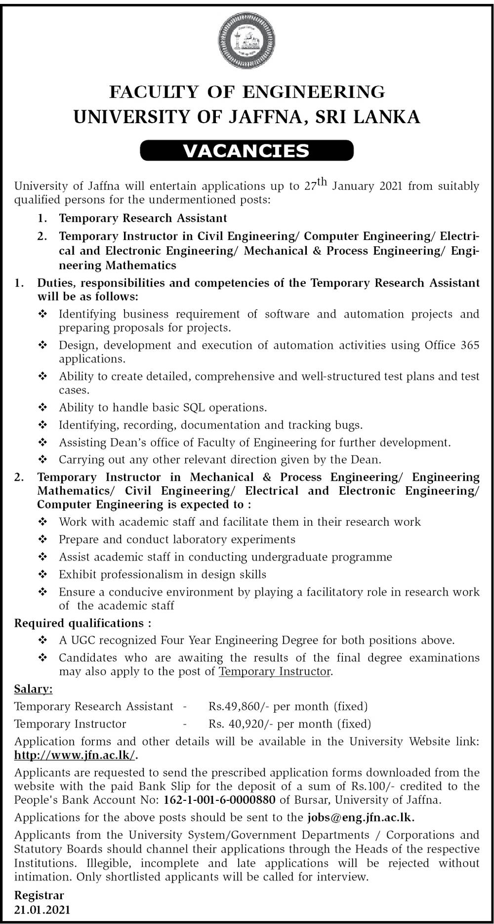 Research Assistant, Instructor - Faculty of Engineering - University of Jaffna