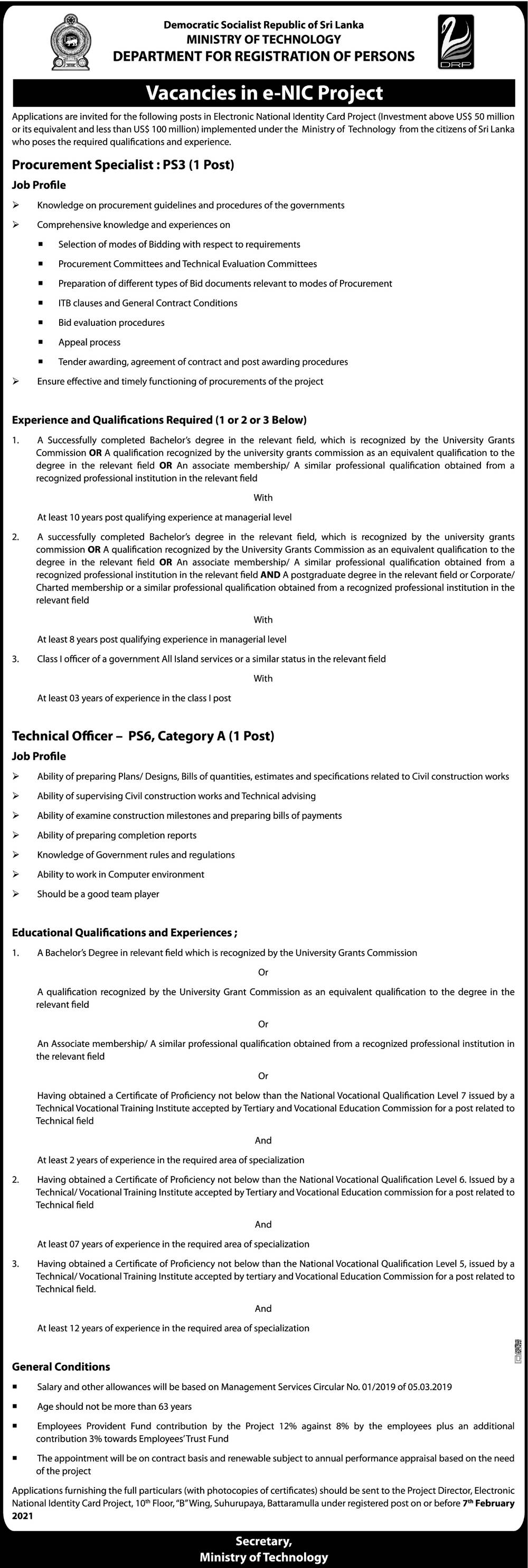 Procurement Specialist, Technical Officer - Department for Registration of Persons