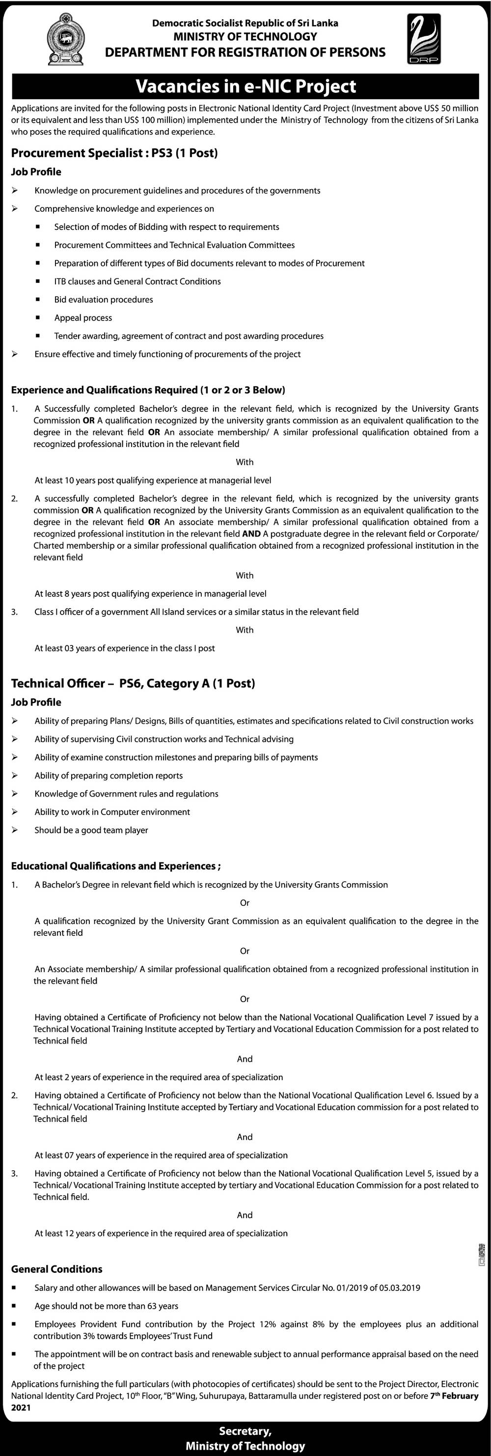 Procurement Specialist, Technical Officer - Department for Registration of Persons