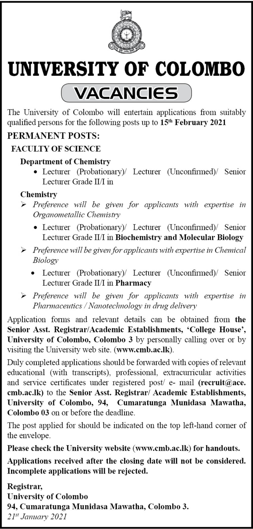 Lecturer, Senior Lecturer- University of Colombo