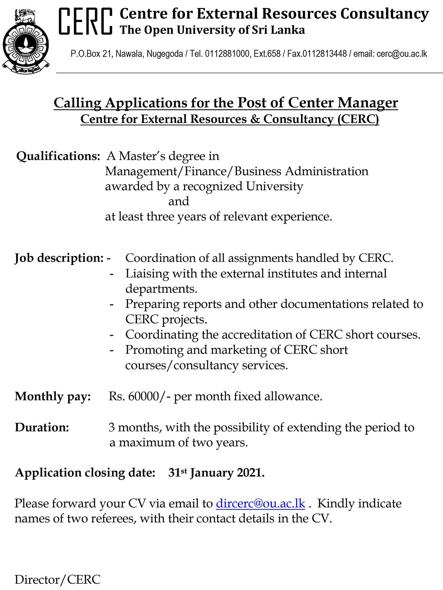 Center Manager - The Open University of Sri Lanka