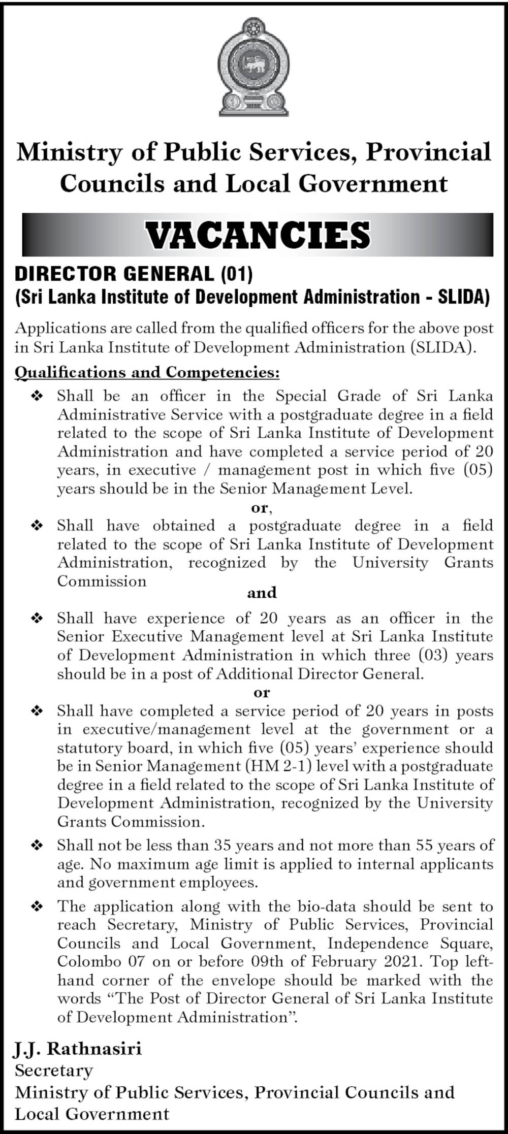 Director General - Ministry of Public Service, Provincial Councils & Local Government