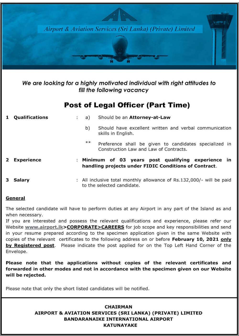 Legal Officer - Airport & Aviation Services (Sri Lanka) (Private) Limited