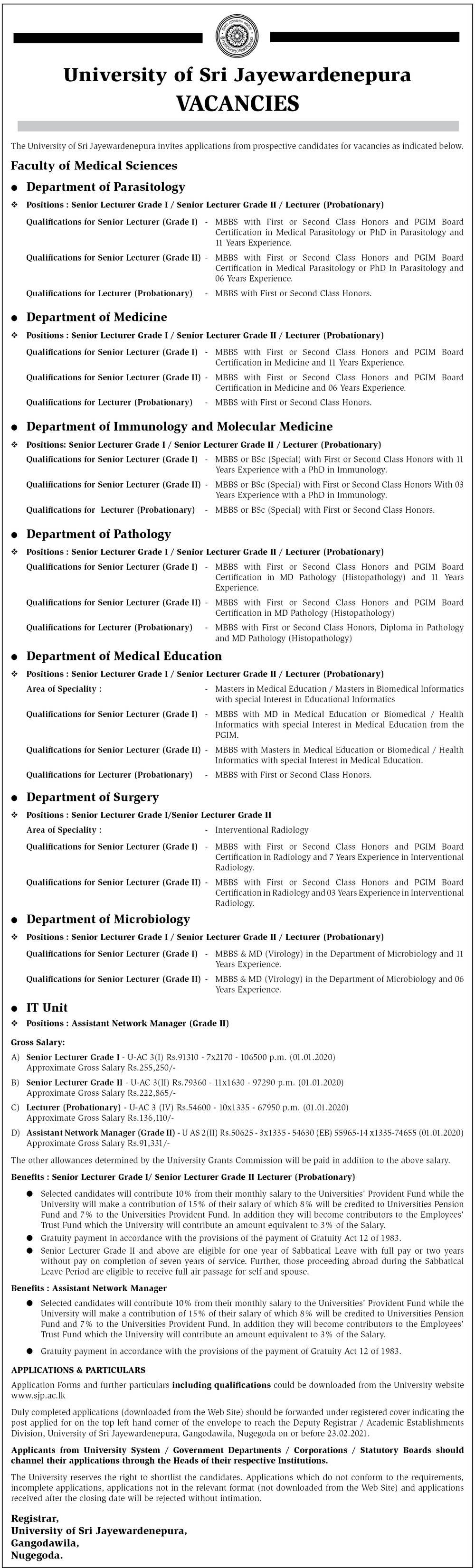 Senior Lecturer, Lecturer, Assistant Network Manager - University of Sri Jayewadenepura