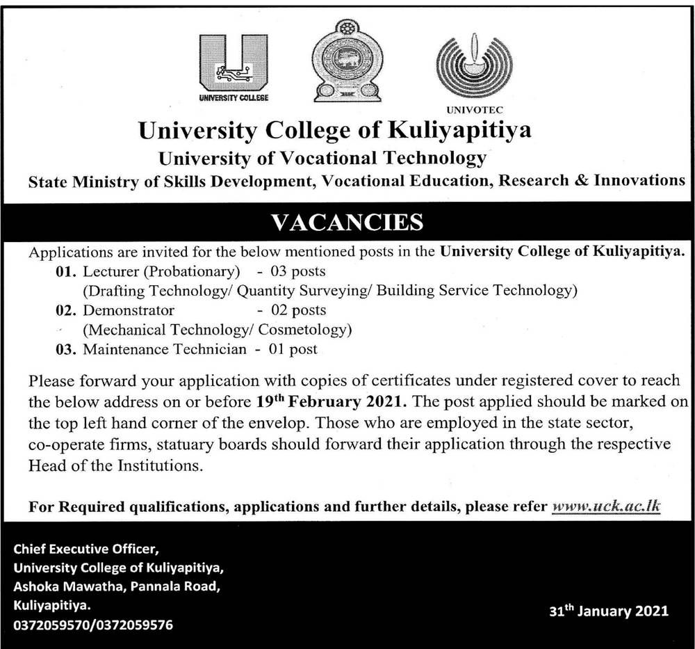 Lecturer, Demonstrator, Maintenance Technician - University of Vocational Technology