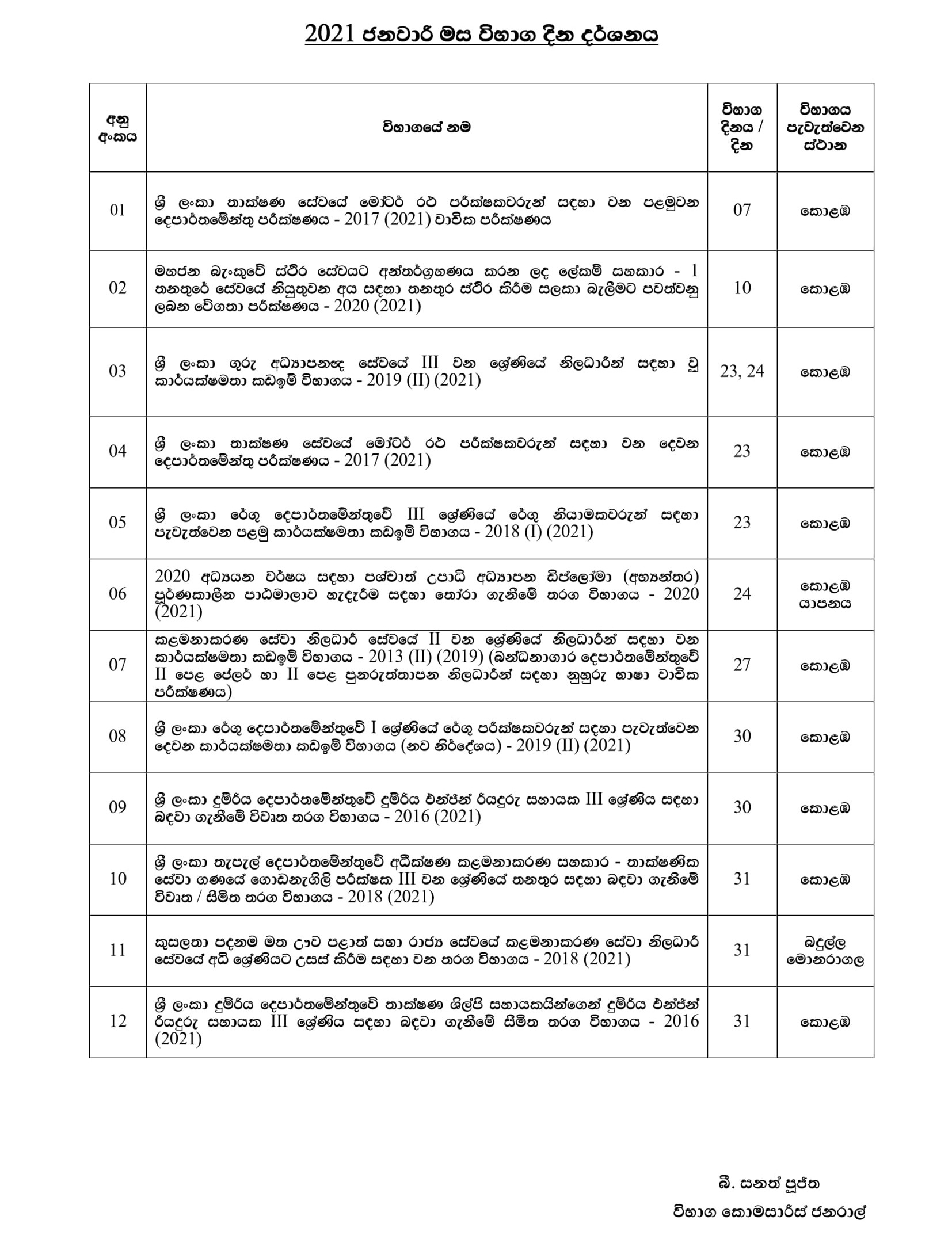 2021 January Exam Calendar - Department of Examination