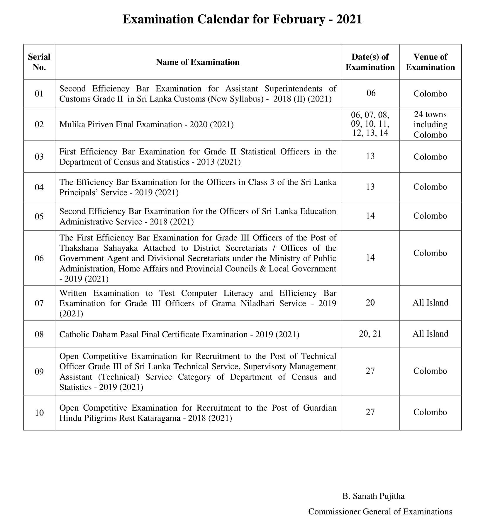 2021 February Exam Calendar - Department of Examination